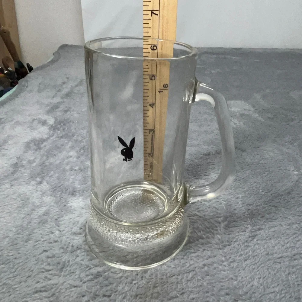 Vintage Playboy Clear Glass Beer Mug Black Bunny Logo Weighted Base 6.25in